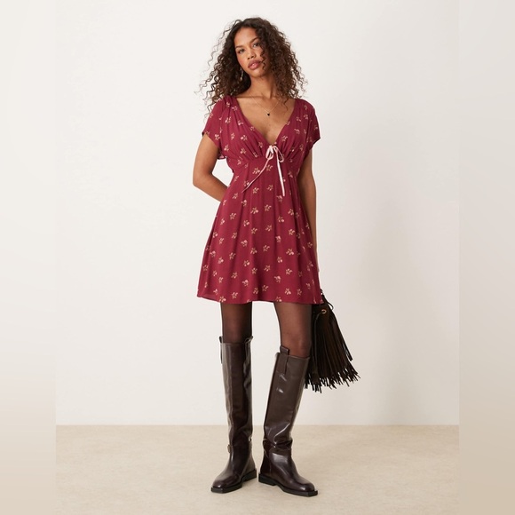 Free People Tie-Detail Mini Tea Dress in Raspberry - Size S - Picture 1 of 7